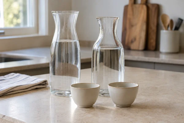 Two clear water carafes and identical pale tea cups on a kitchen table