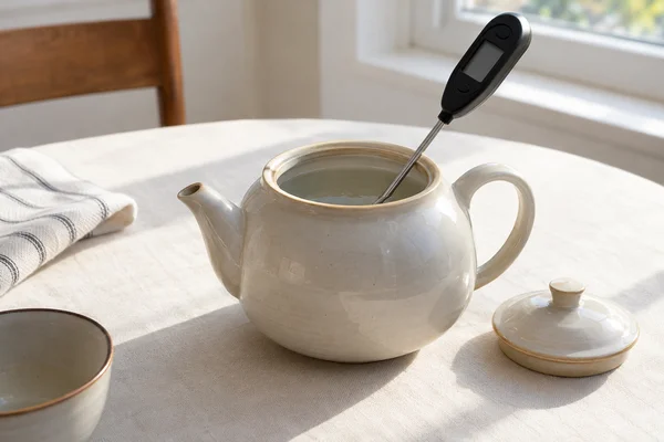 A probe thermometer in water inside a cream ceramic teapot
