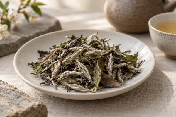Silver buds and broad green-brown white tea leaves on a pale plate